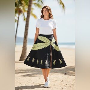 Basil & Maude Black Skirt with Beaded Accents Palm Tree + Luau Dancers SO5069